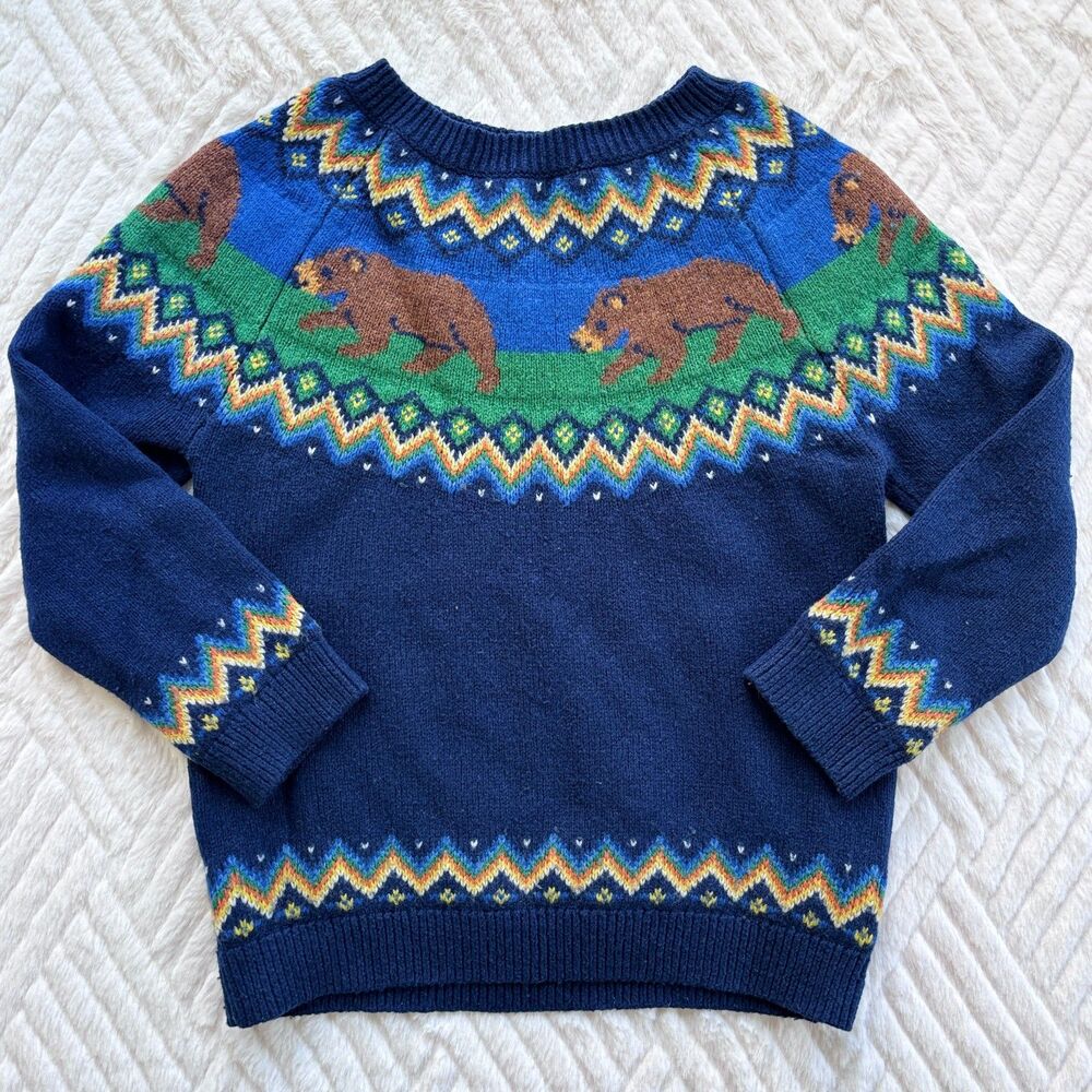 Mini Boden Girls Size 4-5Y Navy Bear Fair Isle Wool Blend Pullover Knit Sweater